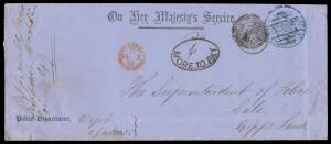 OFFICIAL MAIL - FRANK STAMPS - CHIEF SECRETARY: Die 1 h/s in blue on Police Department envelope endorsed "Officially Registered/supposed to contain coin" with "killer" '1' of Melbourne & 'REGISTERED/FE3/65/MELBOURNE' cds in red, superb '["6d"]/MORE TO PAY