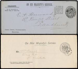 OFFICIAL MAIL - FRANK STAMPS - CHIEF SECRETARY: 1890s-1902 all-different envelopes with printed frank, mostly with imprints at L/L including 'ABORIGINES' x3, 'CENSUS OFFICE' & 'URGENT' at U/L (only one other recorded), CHIEF INSPECTOR OF FACTORIES' x4, 'D