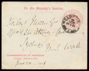 OFFICIAL MAIL - FRANK STAMPS - CHIEF SECRETARY: Die 5 on 1901 envelope with 'COMMONWEALTH OF AUSTRALIA/THE SENATE' imprint at L/L & all printing in rosine (S&W #E680), with Sydney b/s.