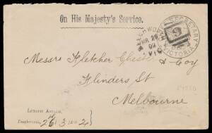 OFFICIAL MAIL - FRANK STAMPS - CHIEF SECRETARY: Die 9 (rosettes at the sides) handstamped in rosine on 1893 envelope with 'Hospitals for the Insane/...' imprint (S&W #E1180; the only recorded example), light vertical fold; and Die 5 on 1902 envelope with 