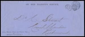OFFICIAL MAIL - FRANK STAMPS - COLONEL COMMANDANT OF VOLUNTEERS: Superb strike in blue on 1867 envelope (265x115mm) with 'LOCAL MILITARY STORE AND BARRACK DEPT' imprint at L/L (S&W #E10; the only example recorded), Melbourne duplex of DC20/67. Rated RRRR: