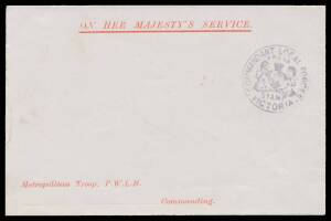 OFFICIAL MAIL - FRANK STAMPS - COMMANDANT LOCAL FORCES: Very fine strike in dull blue on envelope with 'Metropolitan Troop, PWLH/ ...Commanding' imprint in red at L/L (S&W #E60; the only example recorded), unused. Rated RR+; only one other unused Commanda