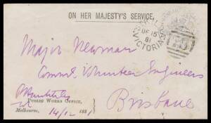 OFFICIAL MAIL - FRANK STAMPS - COMMANDANT LOCAL FORCES: Fine strike in dull blue on envelope with 'PUBLIC WORKS OFFICE/Melbourne' imprint at L/L (S&W #E90), 'ST KILDA/DE15/81/VICTORIA - 78' duplex, to "Major Newman/Commt Volunteer Engineers/Brisbane" (b/s