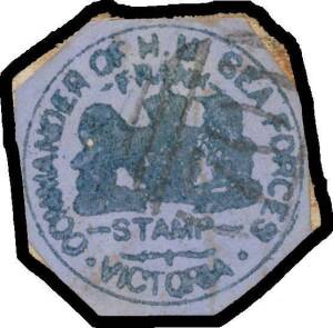 OFFICIAL MAIL - FRANK STAMPS - COMMANDER OF H.M. SEA FORCES: Very fine/superb strike in blue on small piece. Rated RRRRR: the only recorded example. [Stieg & Watson state at page 64 "One cover and four cut-outs (in blue, violet or red x2) have been record