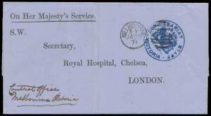 OFFICIAL MAIL - FRANK STAMPS - COMMISSARIAT STAFF: Superb strike in blue on "cover sheet" (outer) with pre-printed address of London's Royal Hospital Chelsea (S&W #C10), very fine Melbourne duplex of JA25/71 & London arrival b/s of MR24/71, light vertical