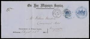 OFFICIAL MAIL - FRANK STAMPS - COMMISSIONER OF CROWN LANDS & SURVEY: Superb strike in blue on "cover sheet" (outer) with 'DEPARTMENT OF PUBLIC LANDS/Melbourne' imprint at L/L, very fine Melbourne duplex of AU26/64 & Wangaratta arrival b/s of AU28/64, ligh