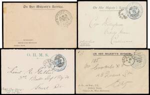 OFFICIAL MAIL - FRANK STAMPS - DEFENCE, MINISTER OF: Handstamp in blue x4 or black (ERD, no imprint) on envelopes with imprints at L/L comprising '1st-3rd V Regt' with OHMS header in green & elaborate Battalion crest on the flap (S&W #E80; only one other 