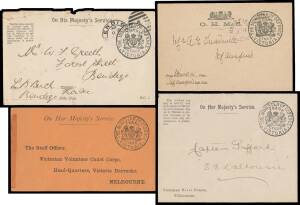 OFFICIAL MAIL - FRANK STAMPS - DEFENCE, MINISTER OF: 1894-1901 all-different envelopes with printed frank including black/orange with printed address (S&W #E30; the only recorded example of this dramatic item), and with imprints at L/L comprising 'DEFENCE