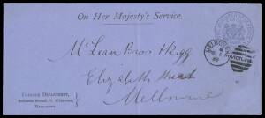 OFFICIAL MAIL - FRANK STAMPS - DEFENCE, MINISTER OF: 1889 envelope with frank printed in blue with 'DEFENCE DEPARTMENT/Ordnance Branch...' imprint at L/L (S&W #E240). Rated RRR but it's the only recorded example printed in blue so it should be RRRRR.