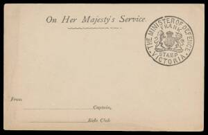 OFFICIAL MAIL - FRANK STAMPS - DEFENCE, MINISTER OF: Postcards with imprints at L/L 'From...Capt/...Rifle Club' (S&W #P120), 'From/...Captain/...Rifle Club' (unlisted) or 'From/...Coy/Victorian Mounted Rifles' (#210, a bit aged), unused. A very scarce tri