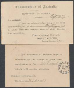 OFFICIAL MAIL - FRANK STAMPS - DEFENCE, MINISTER OF: 1901 and 1902 Postal Cards during post-Federation Period, the second with 'Commonwealth of Australia/ DEPARTMENT OF DEFENCE' header on the reverse. Both unrecorded in the census. (2)