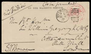 OFFICIAL MAIL - FRANK STAMPS - GOVERNOR OF VICTORIA: 1877-1901 envelopes with all different handstamps comprising Die 1 in red (signed by the Governor "GF Bowen") & in violet (both rated RR), Die 3 in violet (RR), Die 4 in violet (RR), Die 5 in violet (R)