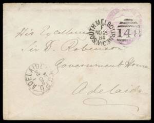 OFFICIAL MAIL - FRANK STAMPS - GOVERNOR OF VICTORIA: 1884 envelope with Die 1 h/s in violet to the Governor of South Australia with very fine 'SOUTH MELBOURNE/ NO22/84/VIC - 148' duplex & Adelaide arrival cds of NO24/84, stained on the reverse. Rated RR: 