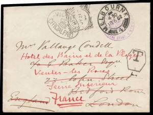 OFFICIAL MAIL - FRANK STAMPS - GOVERNOR OF VICTORIA: 1902 envelope with largely very fine Die 5 (29mm double-circle) h/s in violet & 'VICTORIA/[crown]/OFFICIAL PAID' h/s (S&W unlisted), to London where redirected to France & 'T' h/s applied, 'VEULES-DES-R