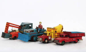 JAPANESE & ENGLISH TINPLATE TOYS (c1960s): Daiya toy "Power Shovel"; SAN toy Dumpcar; Japanese tinplate bulldozer, cattle truck & cement mixer; English clockwork lorry.