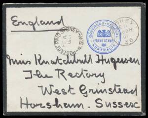 OFFICIAL MAIL - FRANK STAMPS - GOVERNOR-GENERAL: 1901 mourning envelope-front with magnificent strike of the h/s in blue, to England with Sydney & 'POSTAGE PAID SYDNEY/FE11/1901/NSW' cds. Superb! Not included in the Census. Although the Governor-General 