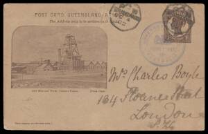 OFFICIAL MAIL - FRANK STAMPS - GOVERNOR-GENERAL: 1902 usage of Queensland 1d Postal Card ("Gold Mine and Works Charters Towers") with unnecessary usage of the frank h/s in blue (S&W #P20) to London with Brisbane d/s of OC4/02 & message on the reverse head