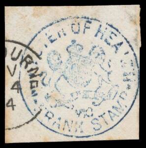 OFFICIAL MAIL - FRANK STAMPS - HEALTH, MINISTER OF: Handstamp largely very fine strike in blue on small piece with part-Melbourne cds of 1894, minor spotting. Rated RRR on cover but this is an error as no covers are recorded; only a few cutouts are known.