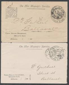 OFFICIAL MAIL - FRANK STAMPS - HEALTH, MINISTER OF: 1894-1901 all-different envelopes of various sizes including four "penalty" types, all with various styles of 'PUBLIC HEALTH DEPARTMENT/Offices of the Board' imprint at L/L, also seven different postcard