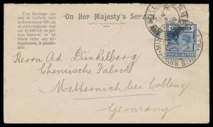 OFFICIAL MAIL - FRANK STAMPS - HEALTH, MINISTER OF: 1902 penalty envelope to Germany with 2&frac12;d stamp affixed over the frank because they were no longer valid outside Victoria.