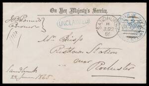 OFFICIAL MAIL - FRANK STAMPS - JUSTICE, MINISTER OF: Die 1 ('F' to 'J' = 3mm) h/s in blue on five different envelopes, four from the 1860s (one with 'SANDHURST/JU22/65 - VICTORIA' duplex & 'UNCLAIMED'-in-oval h/s S&W #E20; the earliest recorded use of thi