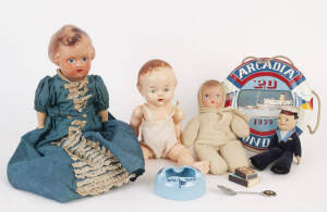 Remains of collection: Dolls (4) including 1930s composition doll & "ARCADIA" sailor doll with related shipping items; INDIAN MOTORCYCLES letter c1925. Good condition