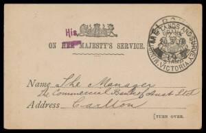 OFFICIAL MAIL - FRANK STAMPS - LANDS AND SURVEY, MINISTER OF: Handstamp in black (rated R) on 1882 envelope to "Wulla Wullock/Sale" with boxed 'UNCLAIMED AT/LONGFORD' h/s, DLB b/s in red; printed on 1895 envelope; h/s in blue on creased 1878 postcard to J