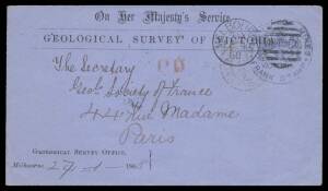 OFFICIAL MAIL - FRANK STAMPS - MINES, MINISTER OF: Die 1 ('[arms]/FRANK STAMP') handstamp in blue on 1868 envelope with Geological Survey Office imprint at L/L & 'GEOLOGICAL SURVEY OF VICTORIA' header (S&W #E180), to France carried per Messageries Maritim