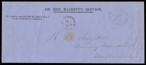 OFFICIAL MAIL - FRANK STAMPS - MINES, MINISTER OF: Die 1 light handstamp in blue on envelope with '...Central Board/for the Protection of Aborigines' imprint at upper-left, to the "Mining Department" with 'YOWENHILL/JU15/68/VICTORIA' b/s & 'TOWANINNIE' cd