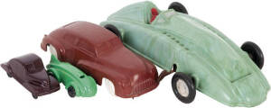 Vintage bakelite toy cars: Green bakelite racing cars (2) with beautiful Art Deco style (c1930s); Brown bakelite sedans (2) c1940-50s.