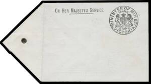 OFFICIAL MAIL - FRANK STAMPS - MINES, MINISTER OF: Die 2 printed on both sides (!) of linen parcel tag (S&W #T10), minor toning on the reverse, unused. A most unusual postal stationery item & the only recorded example of any mailing tag for this user.