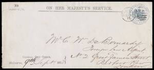 OFFICIAL MAIL - FRANK STAMPS - POSTMASTER-GENERAL: Envelopes with handstamps 1) Die 1 (no fleuron below 'VICTORIA') in blue largely very fine in 1869 with 'EDUCATION OFFICE/..' imprint (S&W #E180; only four others recorded), Castlemaine to "Common School 