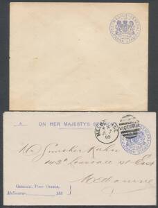 OFFICIAL MAIL - FRANK STAMPS - POSTMASTER-GENERAL: Die 3 (larger inscriptions & straight "fleurons" below 'VICTORIA') printed in blue with all text in blue on all-different envelopes, with no imprint but framed-oval Post Office & Telegraph Department cres