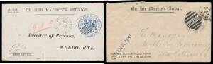 OFFICIAL MAIL - FRANK STAMPS - POSTMASTER-GENERAL: Die 3 printed in blue with all text in black on all-different envelopes, with imprints at L/L 'GENERAL POST OFFICE/...' x10 (5 unused, & one to San Francisco in 1878), 'DARLING FLOODS RELIEF FUND/...' wit