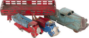 WYN-TOY: Classic Australian made articulated tin toy truck with original blue and red paint and sticker (missing 1 wheel) 46cm; WYN-TOY clock work truck with original blue & red finish 17cm; BOOMAROO TOYS Australian made tin toy tow truck with original pa