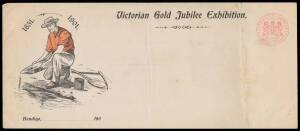OFFICIAL MAIL - FRANK STAMPS - POSTMASTER-GENERAL: Die 3 printed in red on 1901 long envelope with 'Victorian Gold Jubilee Exhibition' header & illustration of a miner panning for gold at left, two vertical folds, unused & very rare thus. [John Lancaster'