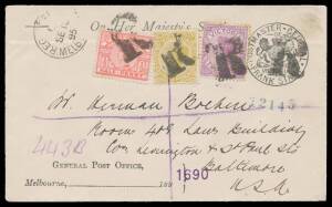 OFFICIAL MAIL - FRANK STAMPS - POSTMASTER-GENERAL: Die 3 printed on GPO envelope to the USA in 1895 uprated with ½d pink, 2d violet & 3d yellow-olive tied by large 'R' h/s, San Francisco transit & Baltimore arrival b/s; and Die 3 printed on plain envelope