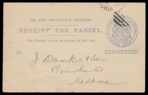 OFFICIAL MAIL - FRANK STAMPS - POSTMASTER-GENERAL: Die 3 printed in blue with 'RECEIPT FOR PARCEL' header & 'REGISTERED' below the Frank & all printing on both sides in blue (S&W #RP10), indistinct duplex cancel but dated on the reverse "March 5 1882", li