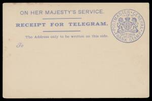 OFFICIAL MAIL - FRANK STAMPS - POSTMASTER-GENERAL: Die 3 printed in blue with 'RECEIPT FOR TELEGRAM' header & all printing on both sides in blue, a couple of insignificant blemishes, unlisted. The only example recorded & thus a very significant item for t