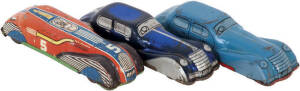 ENGLISH TINPLATE TOYS: Attractive group of toys includes a racing car fished in red & (2) sedans in blue finishes, stamped "Made In England". 14cm each