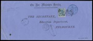 OFFICIAL MAIL - FRANK STAMPS - PUBLIC INSTRUCTION, MINISTER OF: Die 1 h/s very fine in blue on envelope (266x114mm; S&W #E140) with Laureates 6d tied by BN '255', oval 'FRAMLINGHAM/FE2/--/VICTORIA' (the only recorded example; no year slug) & 'REGISTERED'-