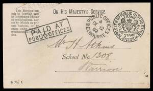 OFFICIAL MAIL - FRANK STAMPS - PUBLIC INSTRUCTION, MINISTER OF: 1902 (Dec 12) usage of "penalty" envelope to Warrion with superb strikes of 'PUBLIC OFFICES' cds & the very scarce boxed 'PAID AT/PUBLIC OFFICES' h/s, superb Beeac transit & poor arrival b/s.