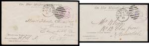 OFFICIAL MAIL - FRANK STAMPS - PUBLIC WORKS, COMMISSIONER OF: Die 1 h/s in blue on 1865 wrapper (only one other recorded; staining) & in violet on 1901 envelope (S&W #E70; the only recorded example, used 16 years after replacement with the 'DEPARTMENT...'