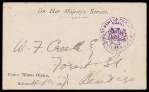 OFFICIAL MAIL - FRANK STAMPS - PUBLIC WORKS, DEPARTMENT OF: Die 1 ('FRANK STAMP' at base) h/s in violet on 1889 envelope (S&W #110); Die 2 ('VICTORIA' at base) very fine h/s in violet on 1897 envelope (#E70) and printed on all-different envelopes with imp