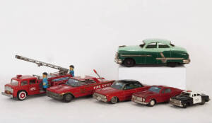 VINTAGE TOYS: Bandai Mustang; Bandai Ford Falcon; 1950s tinplate Cadillac (25cm); Japanese police (friction) car; Fire Chief car (c1965) & a tinplate fire engine.