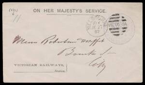 OFFICIAL MAIL - FRANK STAMPS - RAILWAYS, COMMISSIONER OF: Die 1 h/s in violet on 1882 envelope with 'VICTORIAN RAILWAYS/...Station' imprint at L/L. The only recorded example of this envelope & the only recorded cover with the frank in violet: unlisted in 