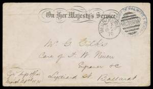 OFFICIAL MAIL - FRANK STAMPS - RAILWAYS & ROADS, COMMISSIONER OF: Die 1 ('VICTORIA' straight) h/s in blue on 1870 envelope with no imprint, fancy OHMS header & 'MELBOURNE/[crown]' belt & buckle on the flap (S&W #E10); Die 2 ('VICTORIA' curved) h/s in blue