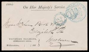 OFFICIAL MAIL - FRANK STAMPS - RAILWAYS, MINISTER OF: Die 1 ( curved 'FRANK') h/s largely very fine strike in blue on very fine 1889 envelope with '.../STOREKEEPER'S OFFICE' imprint at L/L (S&W #E480; only one other recorded), Die 1 handstamped in blue is