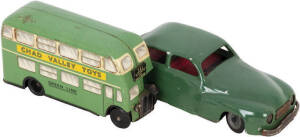 CHAD VALLEY TOYS: English lithographed tinplate double decker "GREEN LINE" bus. 15cm; Clockwork tinplate car with original green finish.