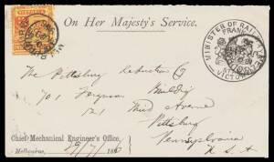 OFFICIAL MAIL - FRANK STAMPS - RAILWAYS, MINISTER OF: Die 1 printed on envelopes 1) 1896 with 'Chief Mechanical Engineer's Office' imprint (S&W #E40; only recorded example) front only to USA with 2&frac12;d red/yellow; 2) 1895 with 'ENGINEER-IN-CHIEF'S OFFICE/..